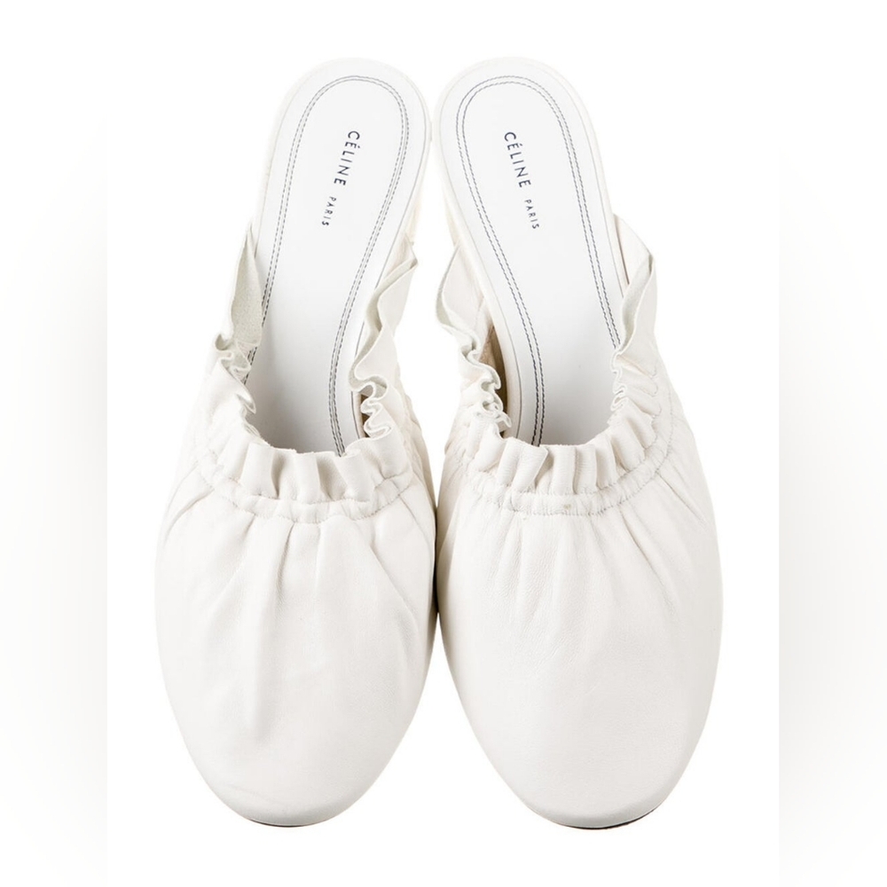 CELINE White Ruffle Leather Mule - Picture 4 of 9